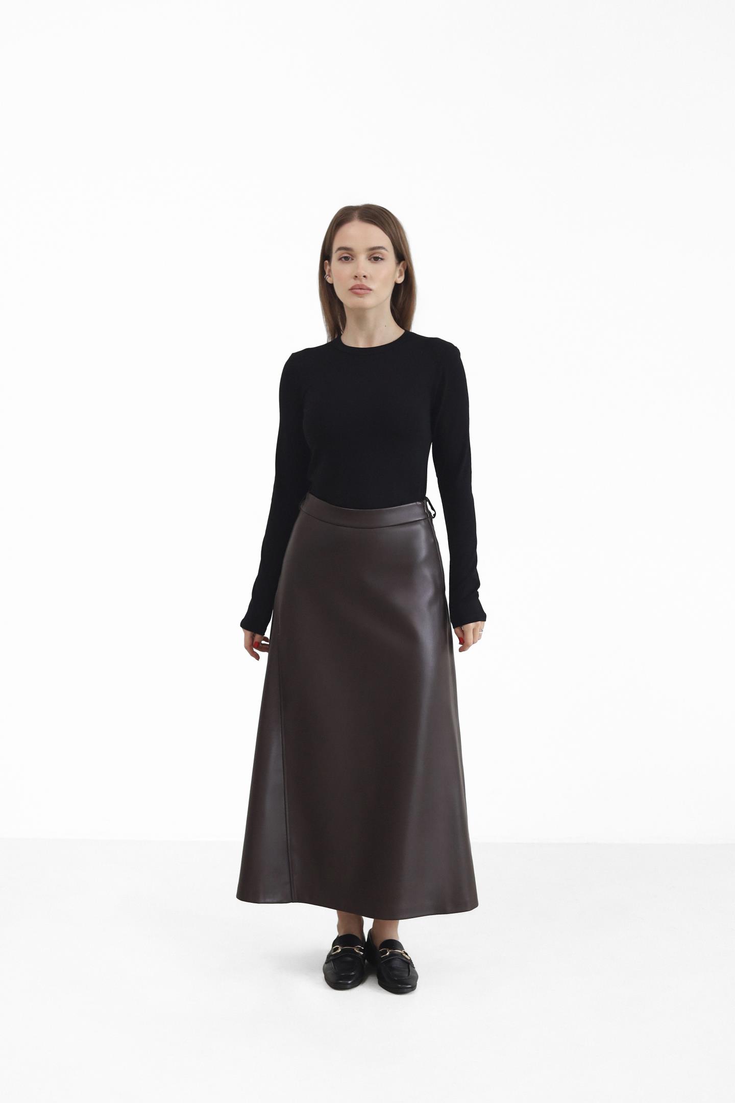 Спідниця-міді з екошкіри А-силуету Шоколад