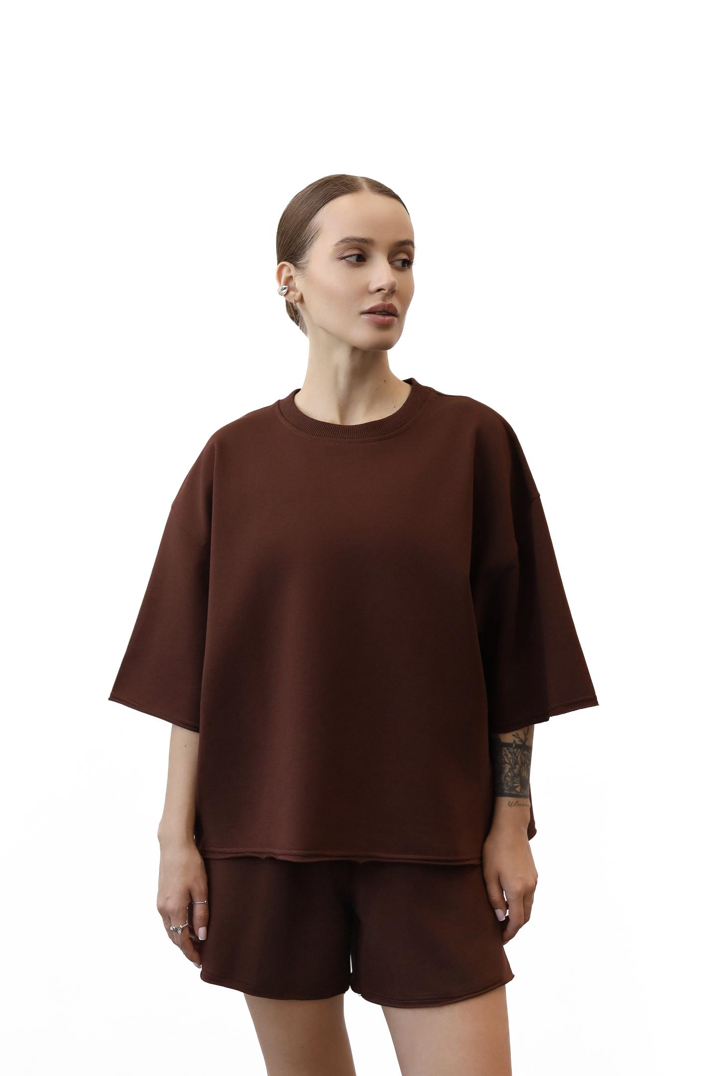 Футболка oversize з рубчиковою вставкою Шоколад